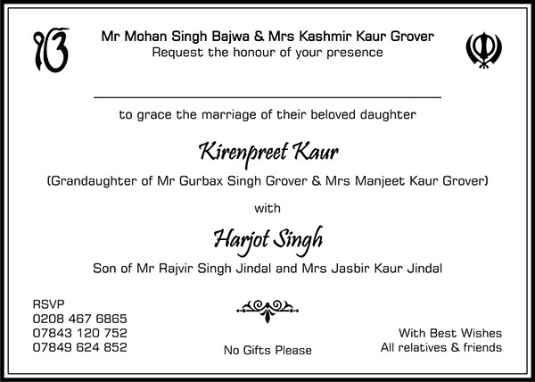 Sikh wedding invitation wording 5 - Parekh Cards